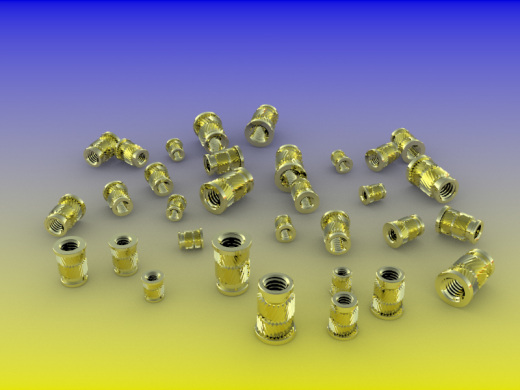 塑料加热或超声波安装用金属（黄铜）嵌件，带法兰接头和反向人字纹。各种螺纹尺寸M3、M3.5、M4、M5和M6缩略图